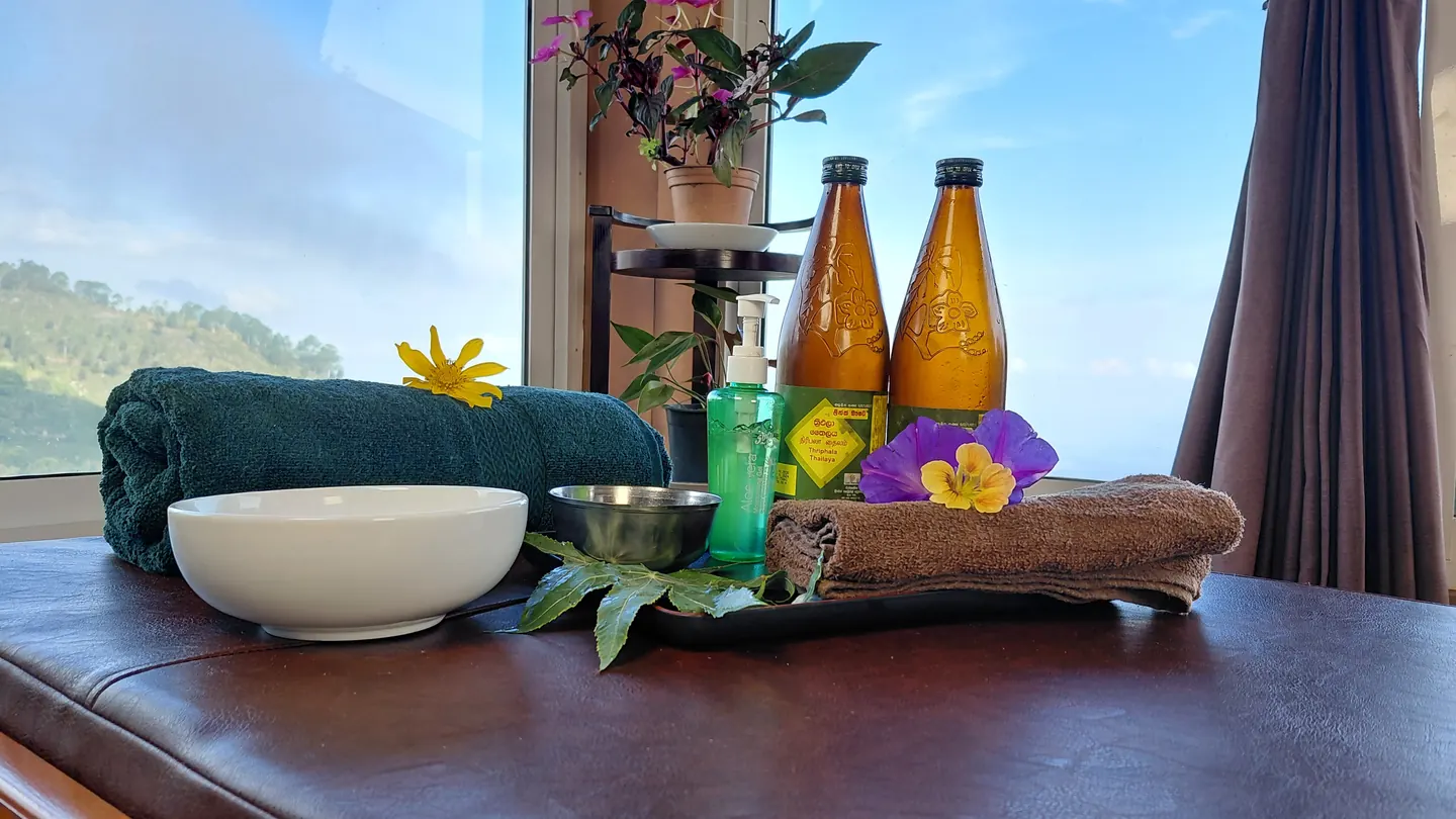 Ayurvedic treatment materials prepared beside a window at The Mist.