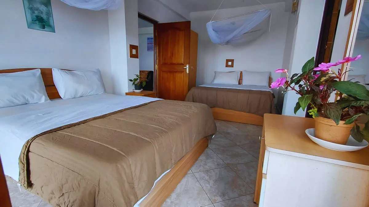 Guest room with two beds and a vase of flowers.