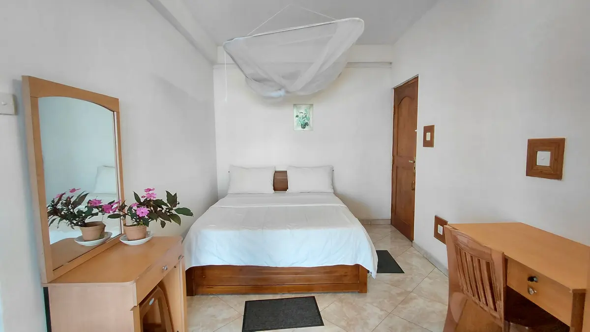 Guest room with one bed, a mirror and flowers.